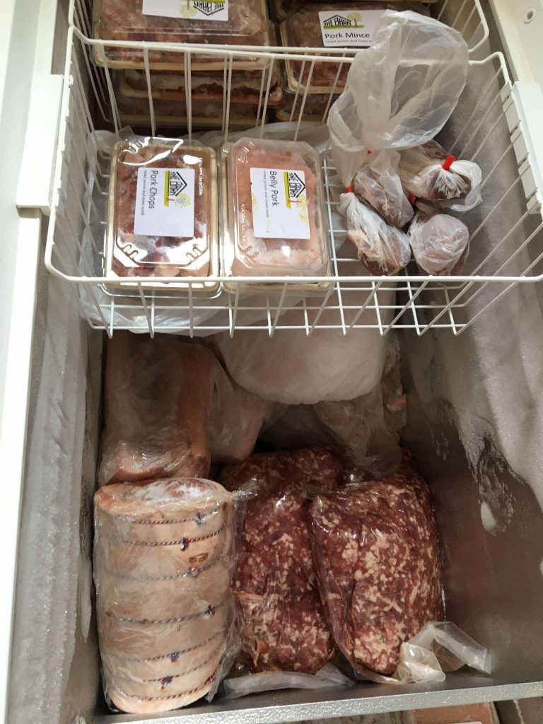 Frozen meat in a freezer